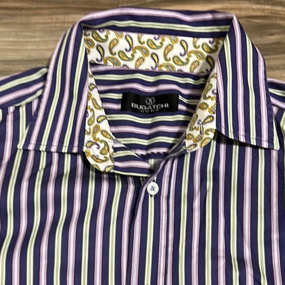 Bugatchi Uomo Shirt Mens L Purple Green White Striped Button Down Flip Cuff